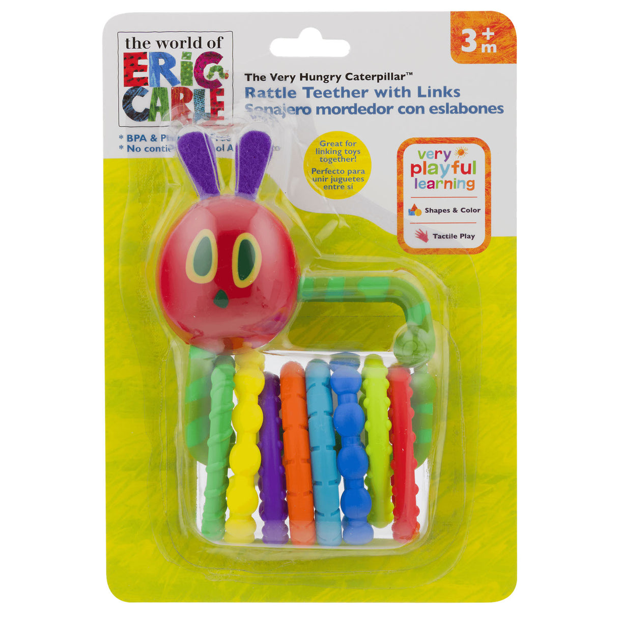 The Very Hungry Caterpillar Rattle Teether with Links features colorful textured rings for soothing teething babies.