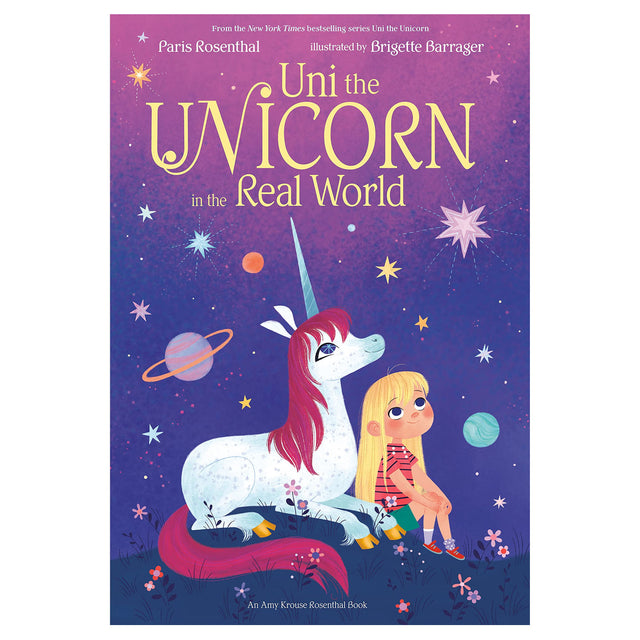 Uni the Unicorn in the Real World book cover with unicorn and girl sitting beneath a starry sky.