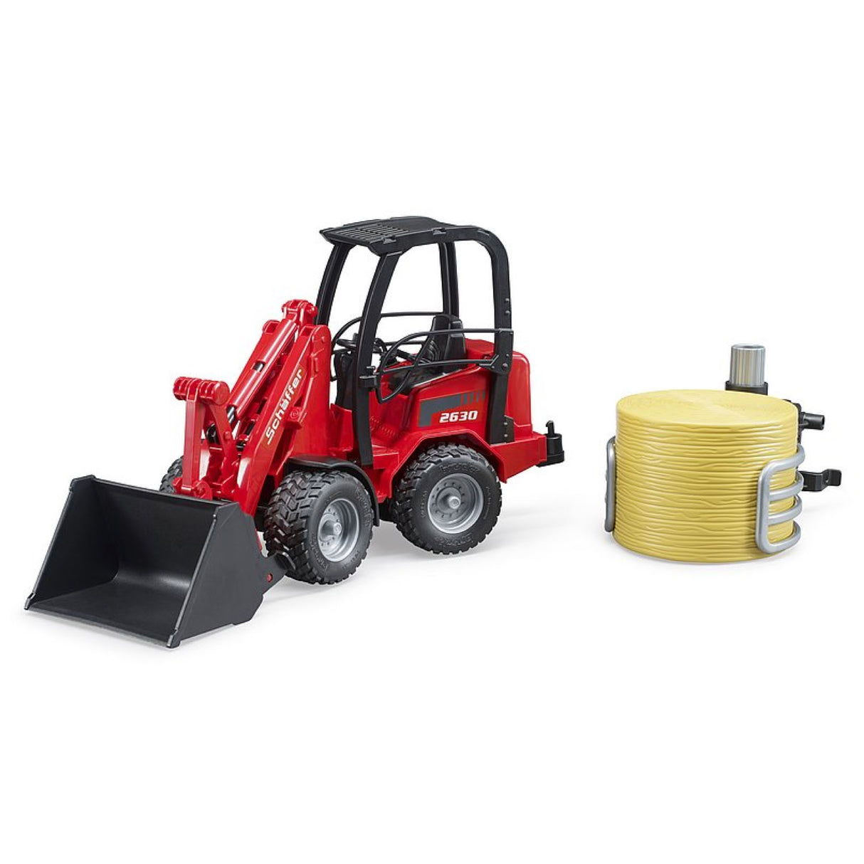 Schaffer Compact Loader with Hay toy featuring articulated steering, operable loading arm, and bale gripper for kids 4+.