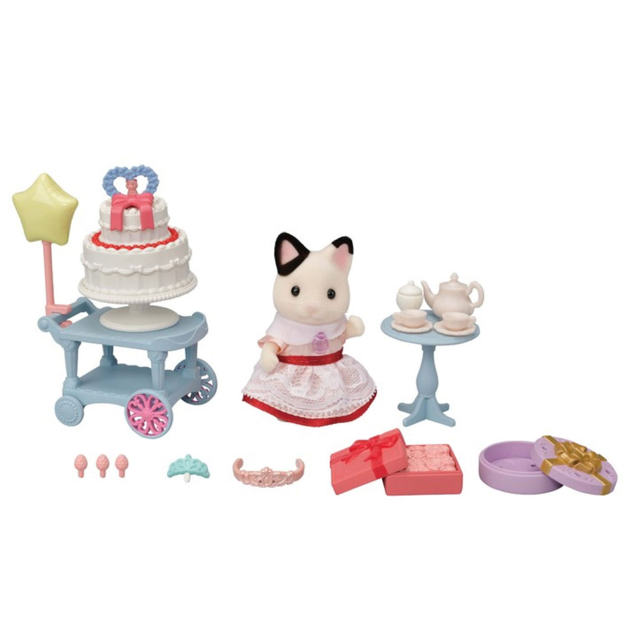 Party Time Playset with Tuxedo Cat Lily, two-tier cake, tea set, presents, balloon, and dress accessories.
