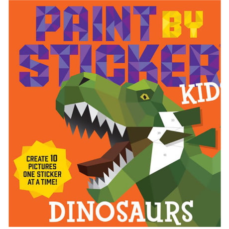 Kids Paint by Sticker Dinosaurs with a colorful T-Rex image and instructions to create 10 dinosaur pictures.