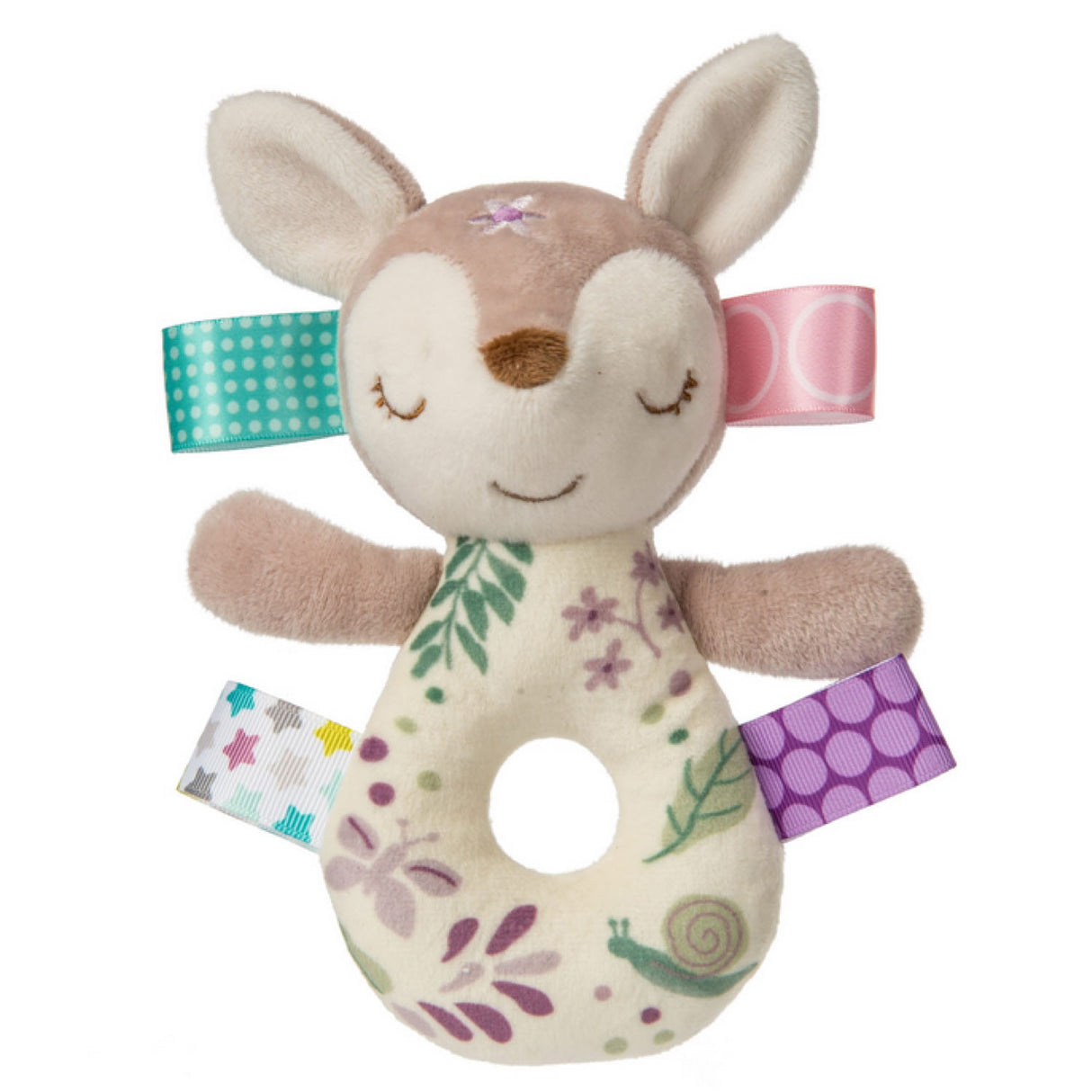 Taggies Flora Fawn Rattle baby toy with embroidered sleepy face, fern leaf print, and colorful taggies ribbons for sensory play.