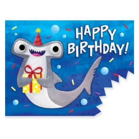 Shark Googly Eye Card featuring a happy hammerhead shark with googly eyes and a bite mark on a blue background.