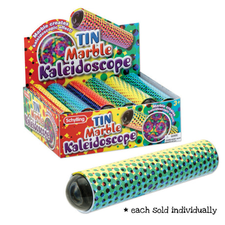 Kaleidoscope Tin Marble with colorful dotted design, creating psychedelic patterns when turned, each sold individually.