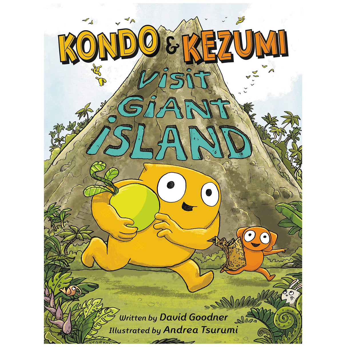 Cover of Kondo & Kezumi Visit Giant Island showing two characters exploring a lush island with a volcano in the background.