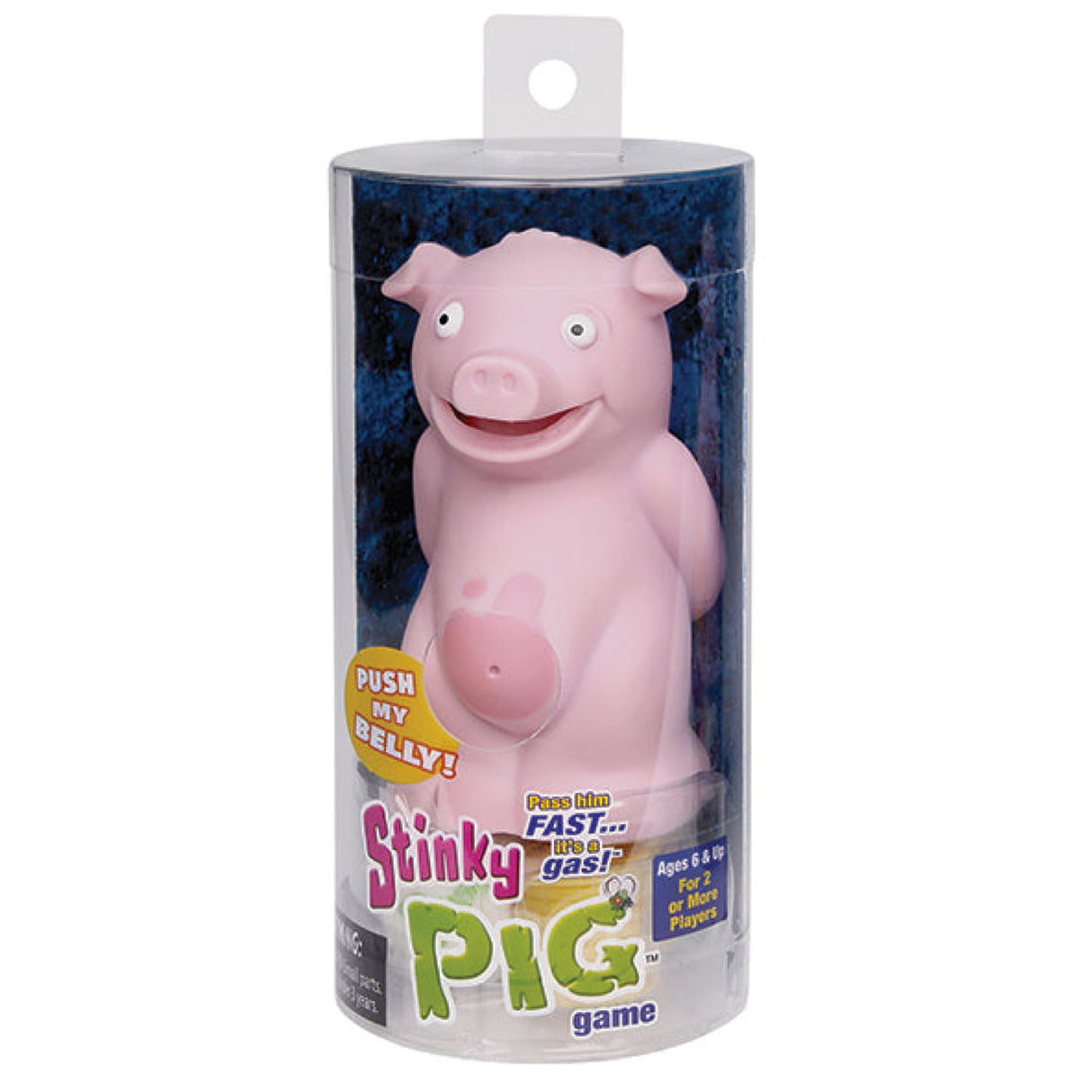 Stinky Pig toy in clear packaging, pink pig with pushable belly for a fun passing game.