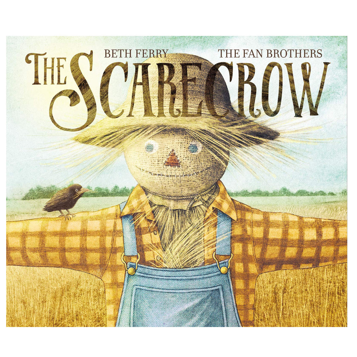 The Scarecrow book cover showing a friendly scarecrow with a small crow perched on its arm in a field.