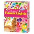 Origami Lights kit box featuring colorful floral paper art with LED string lights and a child crafting origami flowers.