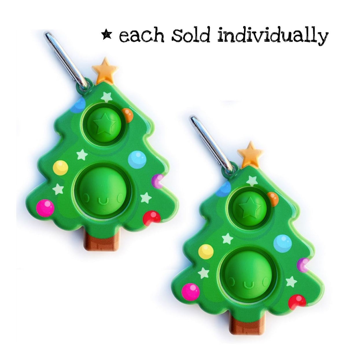 OMG Mega Pop Xmas Tree keychain with soft silicone bubbles and hard shell exterior, sold individually for fun on the go.