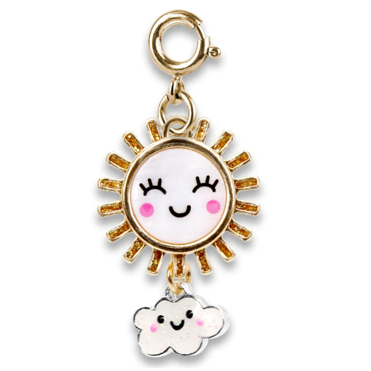 Gold Sunshine Charm with enamel smiling sun and dangling happy cloud, perfect for brightening grey skies.