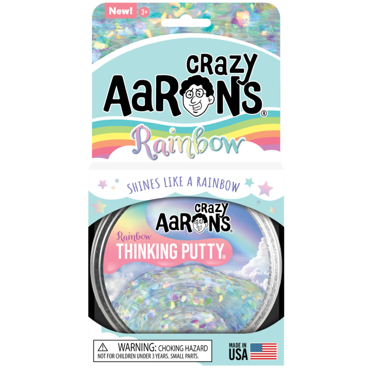 Trendsetters Rainbow Thinking Putty in clear packaging with sparkling, colorful rainbow effects inside the container.