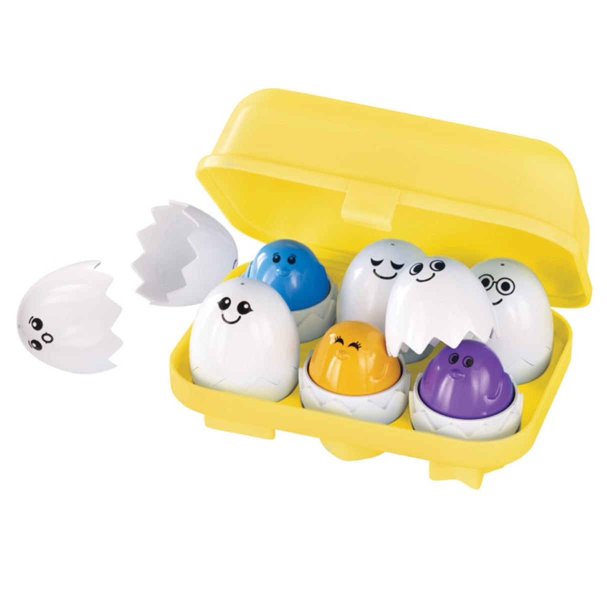 Yellow egg carton with Peek 'n Peep Eggs showing colorful chicks inside cracked white eggshells.