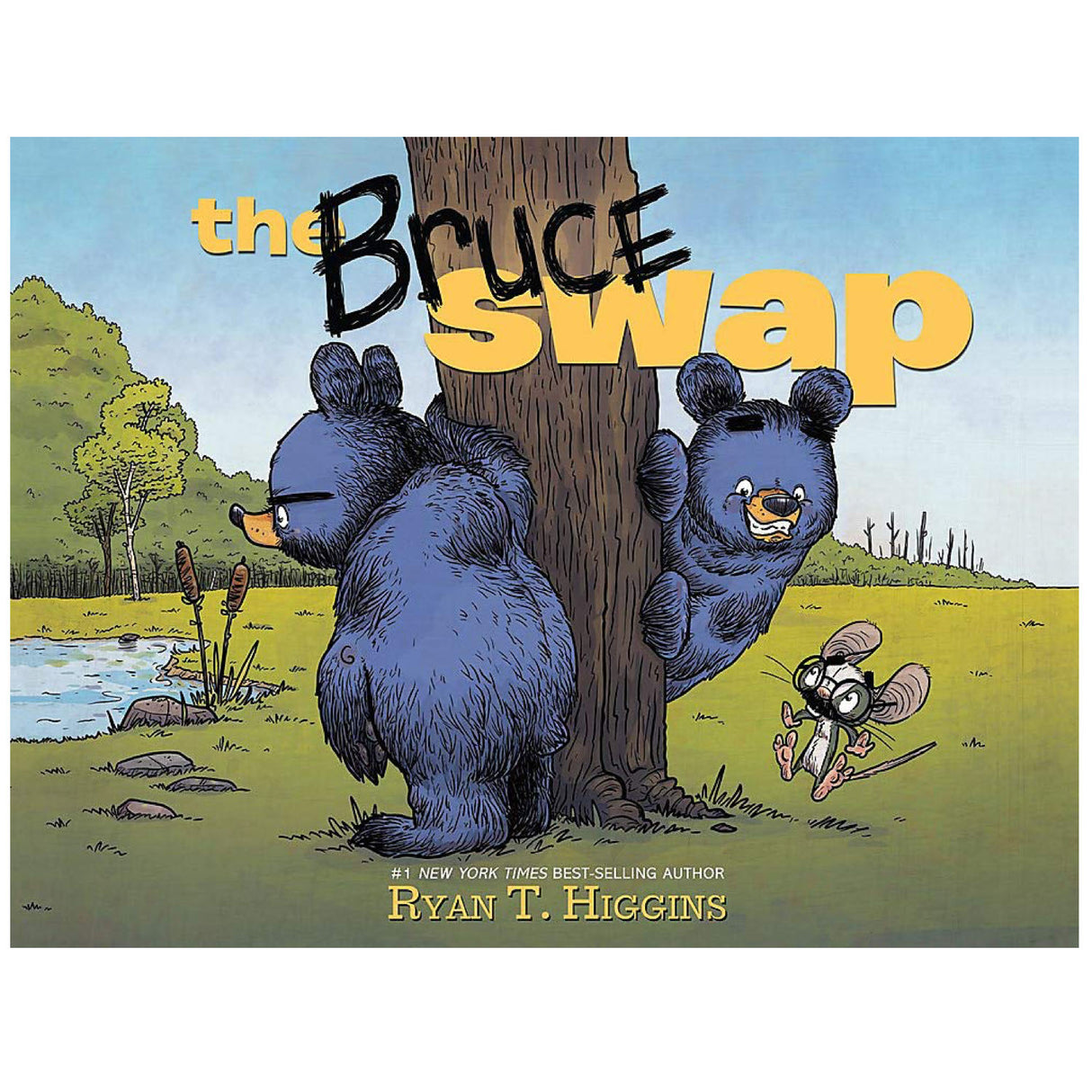 The Bruce Swap book cover shows two bears and a mouse playing around a tree in a colorful outdoor scene.