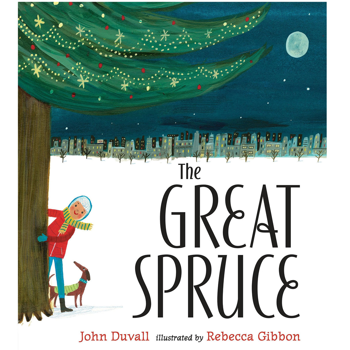 The Great Spruce book cover shows a boy and dog beside a large decorated spruce tree at night.
