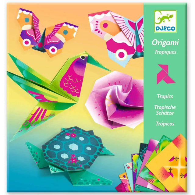 Origami Tropics craft kit featuring colorful paper animals and flowers with easy folding instructions for kids.