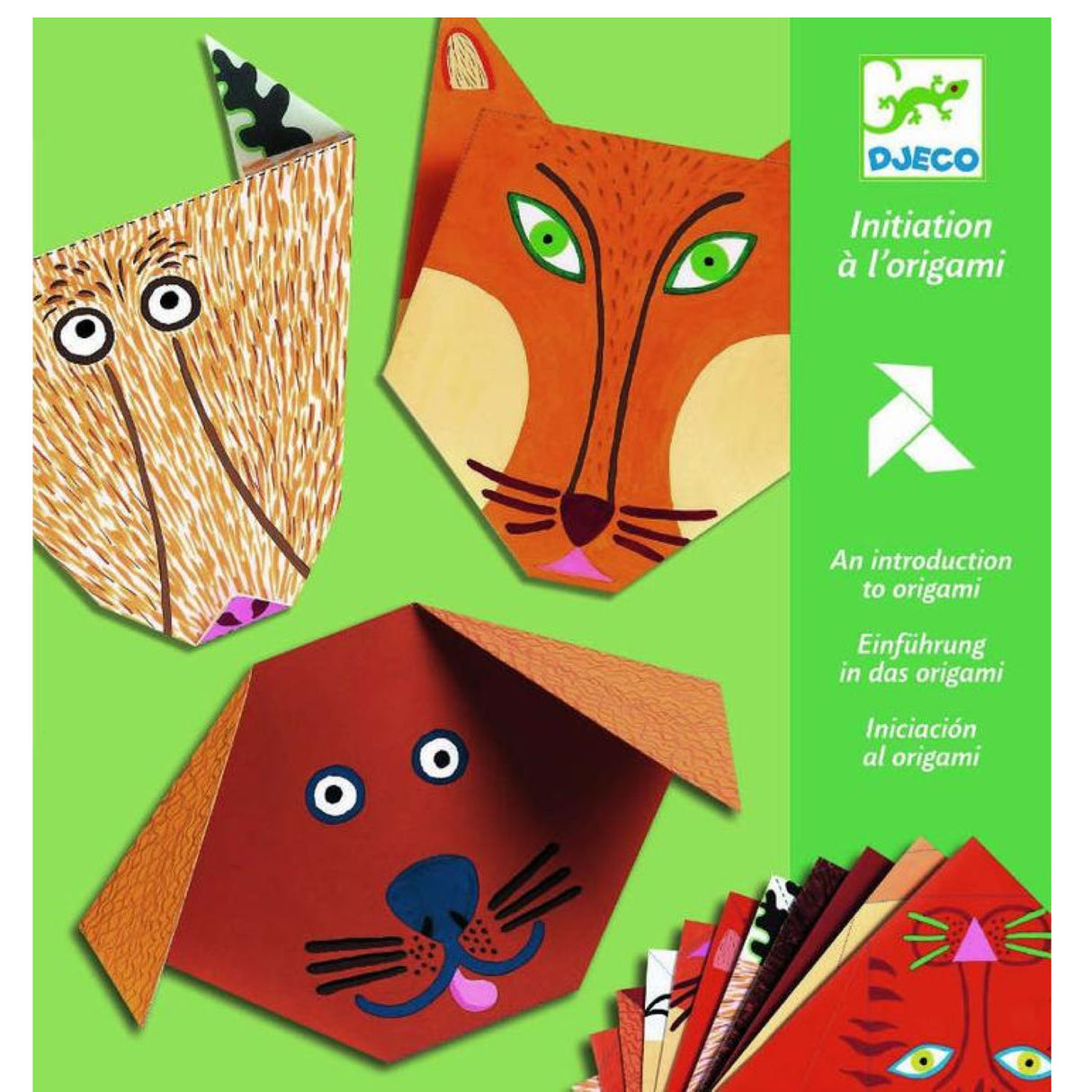 Origami Animals craft kit featuring colorful paper folded into animal faces with instructions for kids beginners.