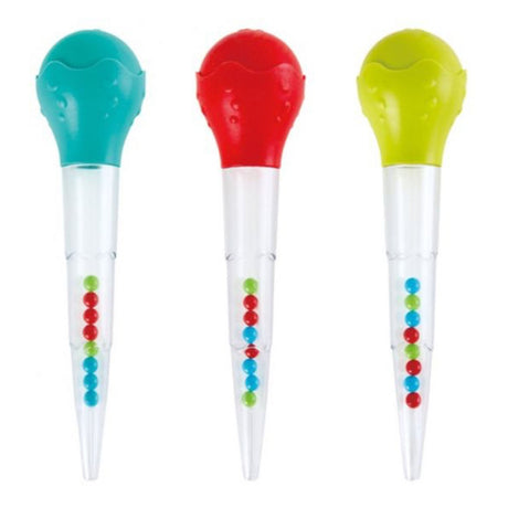 Three colorful Squeeze & Squirt bath toys with clear tubes and vibrant bead interiors for water play and learning.