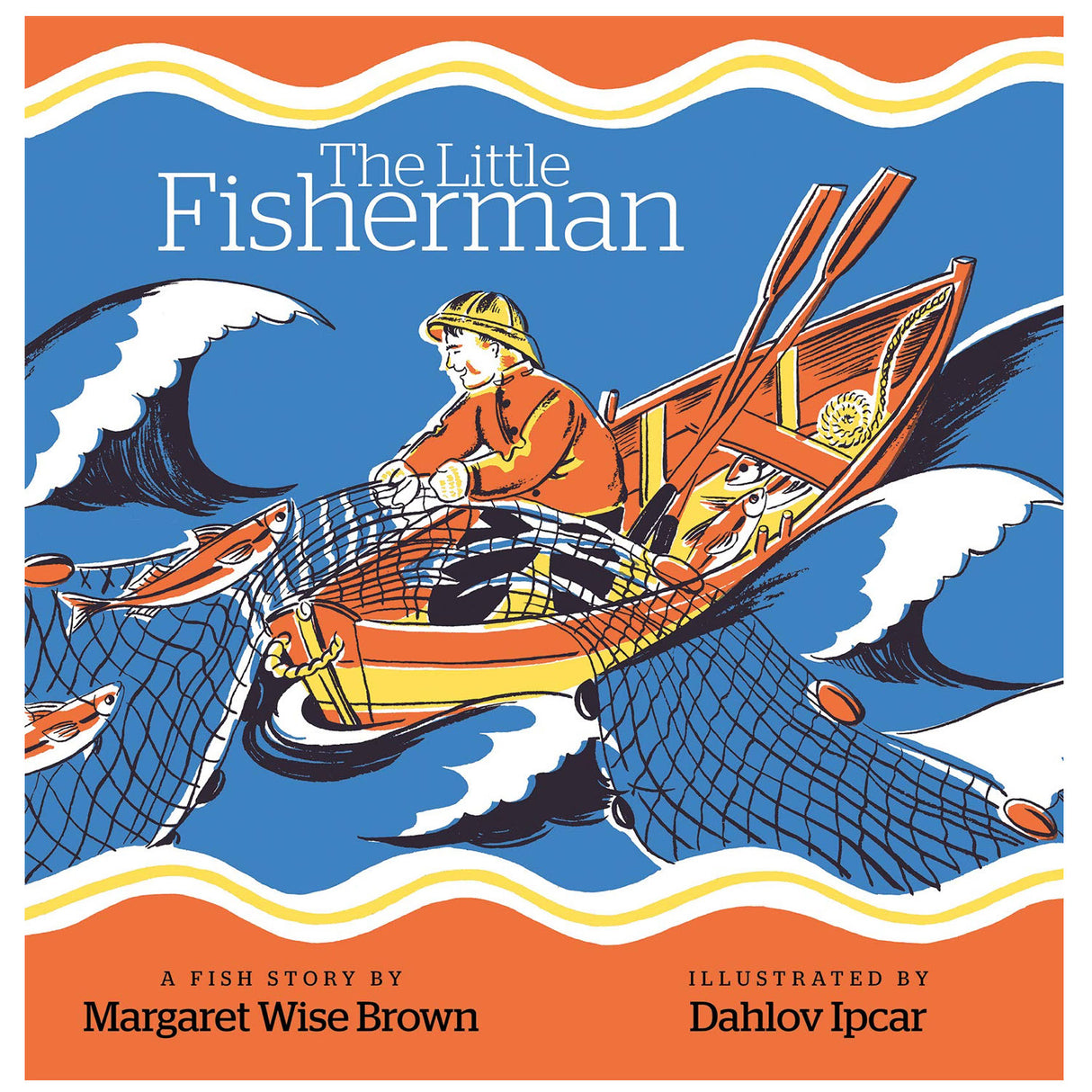 The Little Fisherman board book cover showing a young fisherman in a boat catching fish with nets on blue waves.