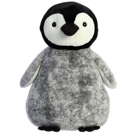 Pippy Penguin plush toy with grey tipped fabric, soft and cuddly, 30 inches tall, perfect winter companion.