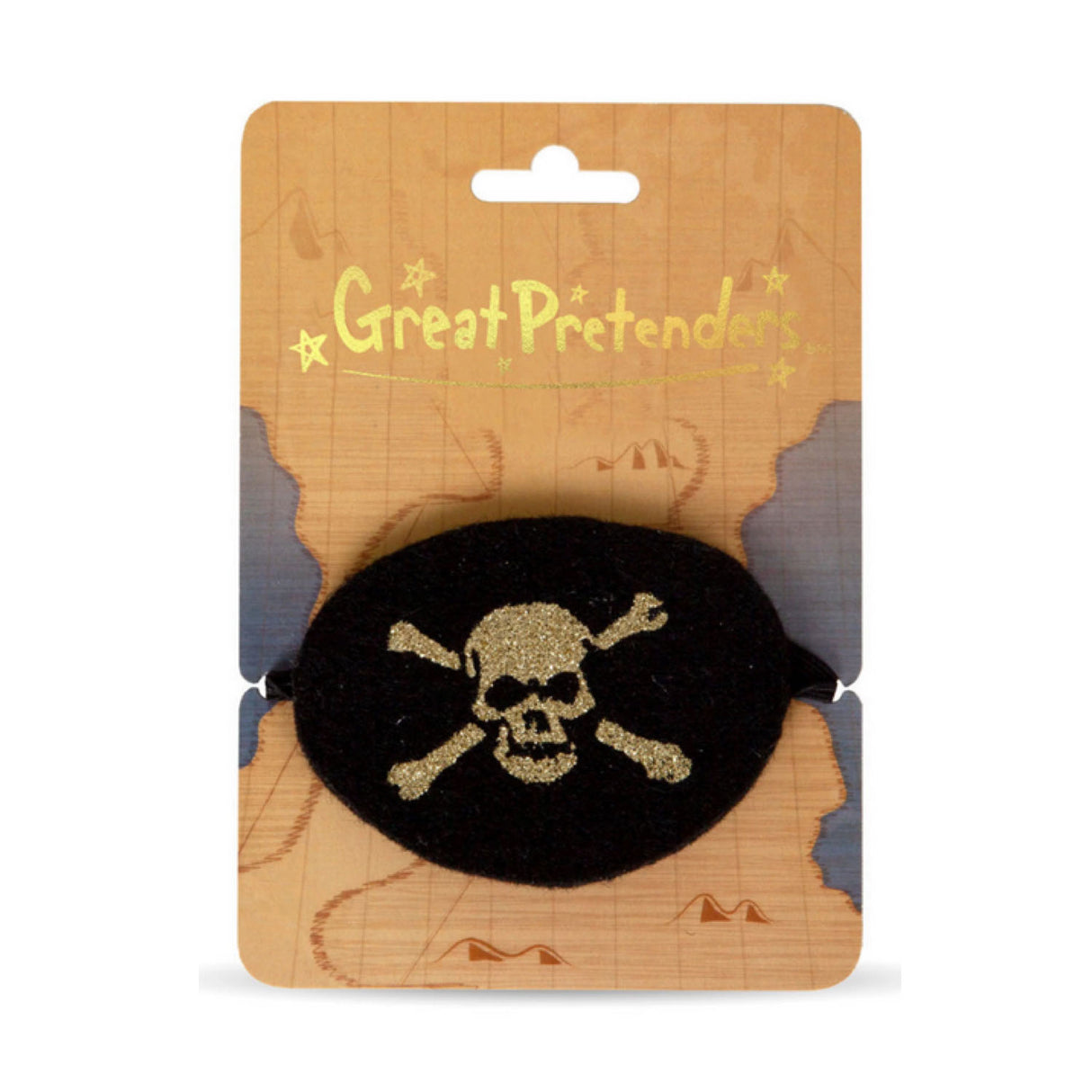 Pirate Eye Patch featuring a black patch with gold skull and crossbones, perfect for pirate adventures and dress-up.