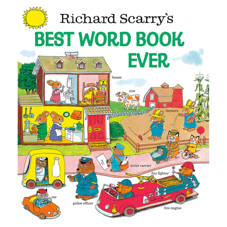 Richard Scarry's Best Word Book Ever cover showing labeled animals and vehicles in a colorful, friendly illustration.