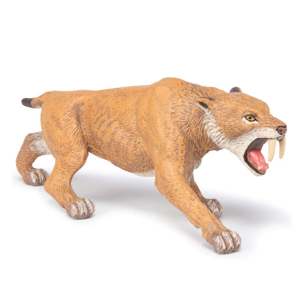 Smilodon toy figure in a roaring pose with detailed fur texture, perfect for dinosaur and prehistoric animal play.