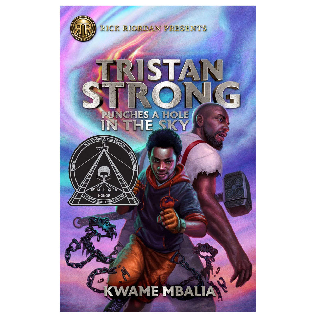Book cover of Tristan Strong Punches a Hole in the Sky by Kwame Mbalia featuring two characters against a colorful sky background