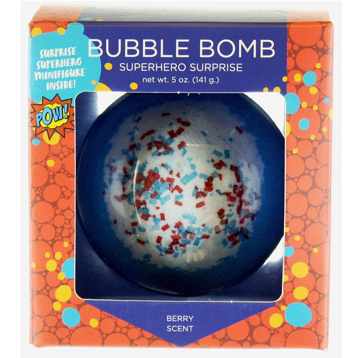Bubble Bomb | Superhero Surprise bath bomb with colorful sprinkles and berry scent in branded packaging.