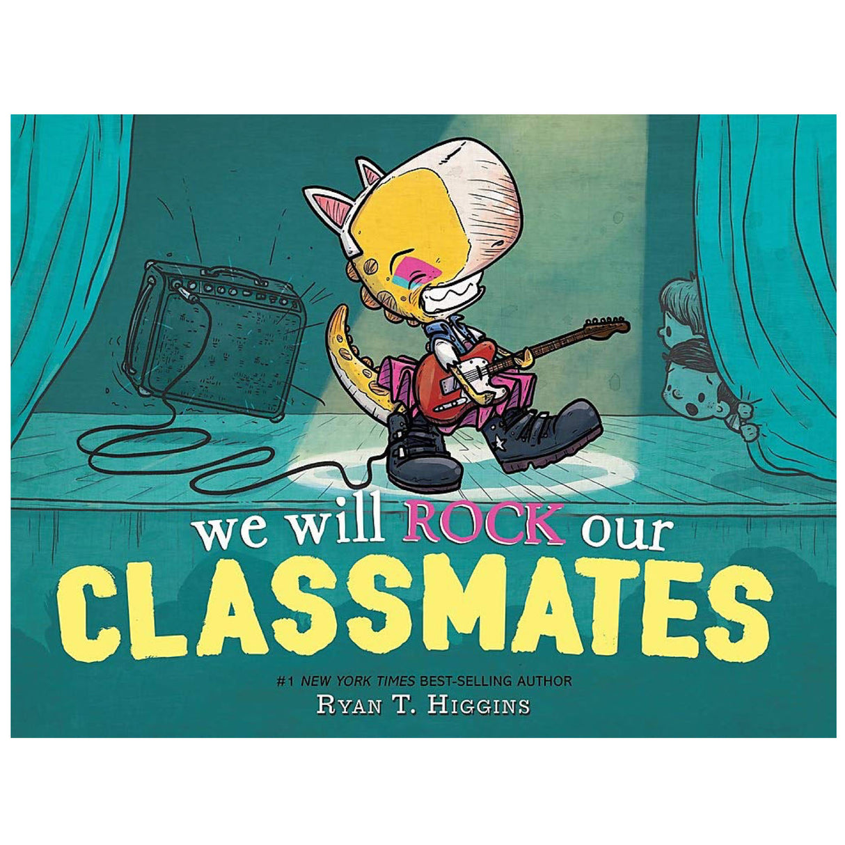 We Will Rock Our Classmates features a T. rex playing guitar on stage at a school talent show.