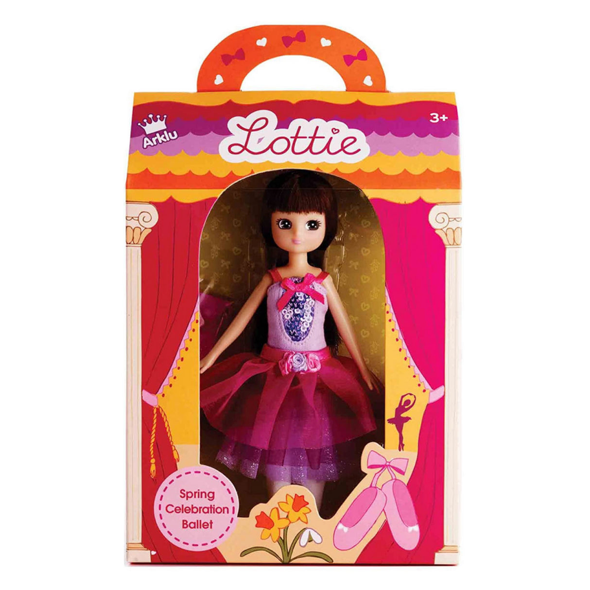 Lottie Spring Celebration Ballet Doll in pink tutu with sequin leotard and ballet slippers in colorful packaging.