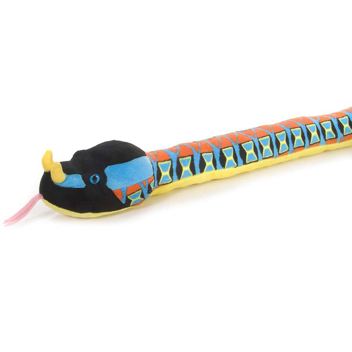 Rhino Viper Snake plush toy with vibrant blue, orange, yellow, and black patterns, safe for kids and cuddling.