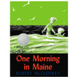 Cover of One Morning in Maine showing two children walking hand-in-hand along a grassy shoreline under a green sky.
