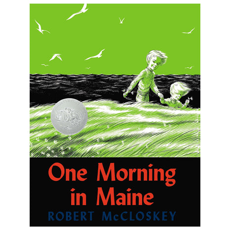 Cover of One Morning in Maine showing two children walking hand-in-hand along a grassy shoreline under a green sky.