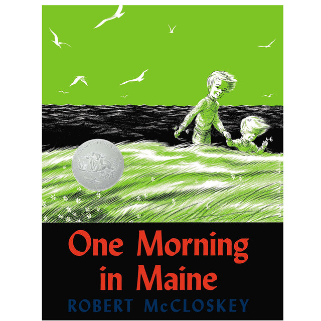 Cover of One Morning in Maine showing two children walking hand-in-hand along a grassy shoreline under a green sky.