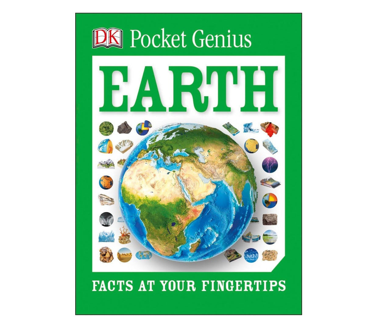 Pocket Genius Earth book cover featuring a globe surrounded by Earth’s geographic and geological features.