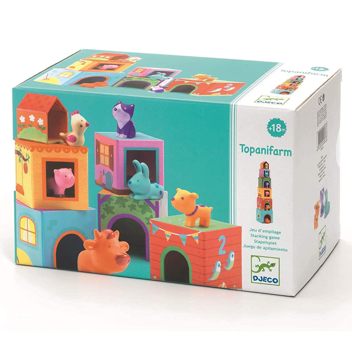 Topanifarm Nesting Blocks & Animals farm-themed stacking boxes with six colorful animal figures for toddlers.