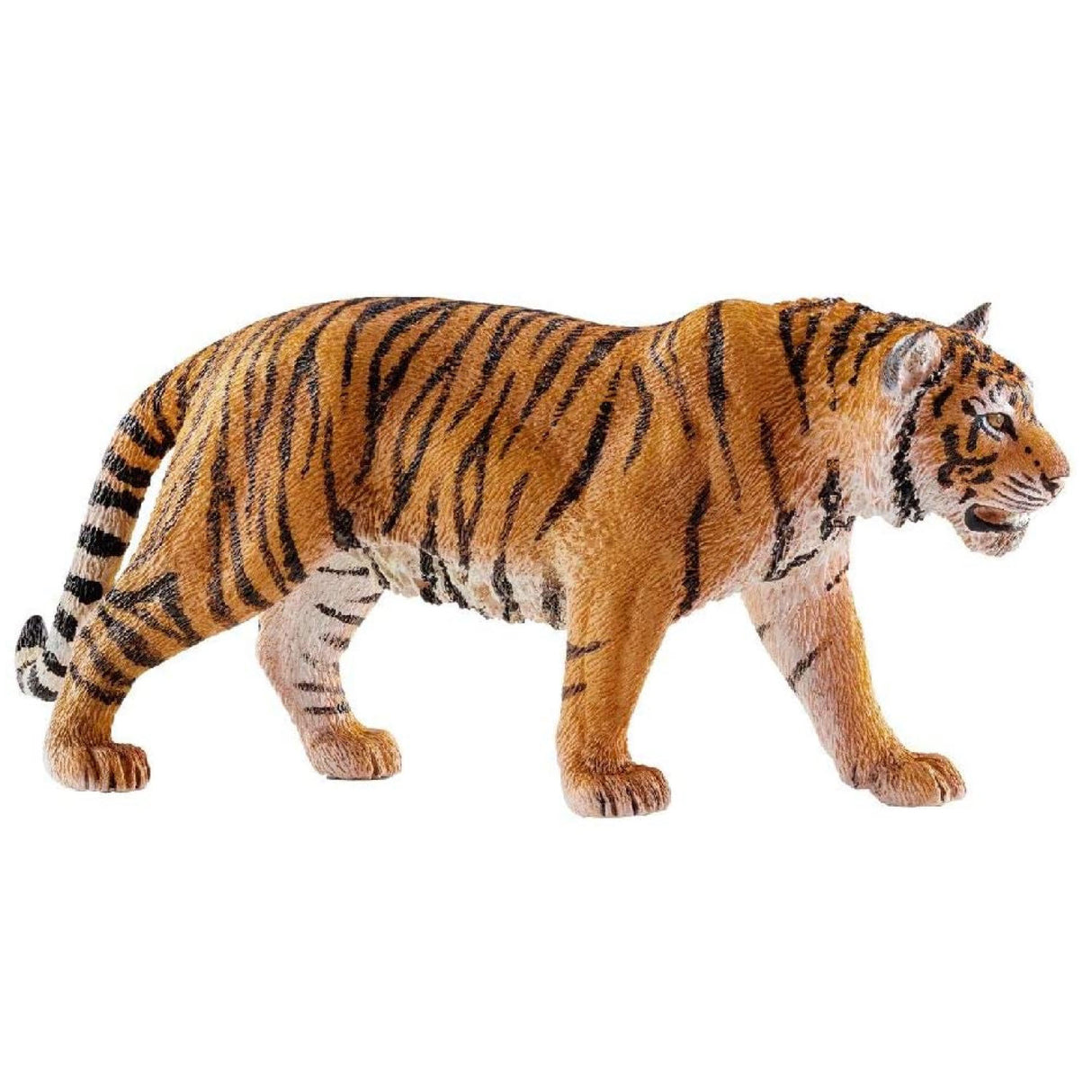 Detailed side view of the Tiger figurine showcasing its unique striped pattern and realistic design.