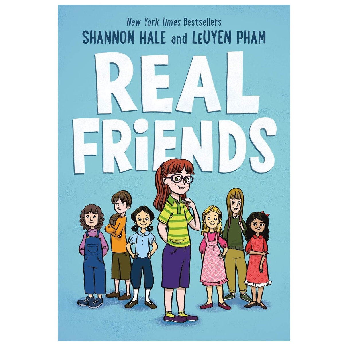 Book cover of Real Friends by Shannon Hale showing diverse kids standing together on a blue background