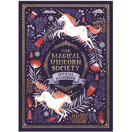 The Magical Unicorn Society Official Handbook features unicorns and whimsical floral artwork on a dark purple cover.