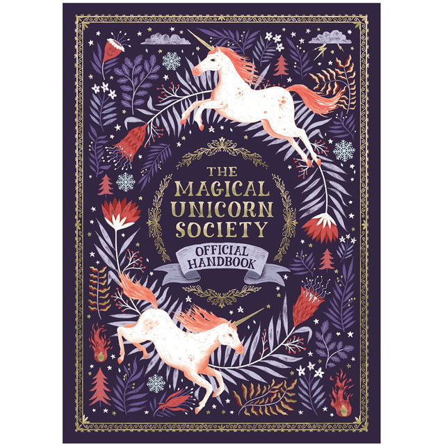 The Magical Unicorn Society Official Handbook features unicorns and whimsical floral artwork on a dark purple cover.