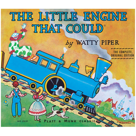 The Little Engine That Could book cover showing a blue train and colorful characters in a classic children’s story illustration.