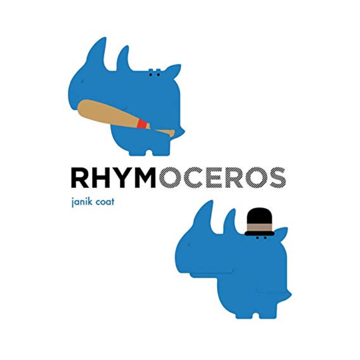 Blue rhinoceros with a bat and top hat illustration for the Rhymoceros children's board book cover.