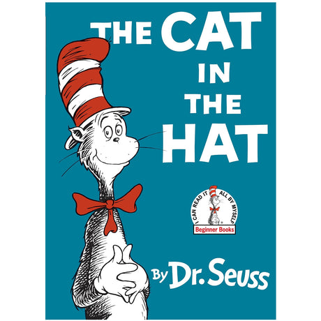 The Cat in the Hat book cover featuring the iconic cat in a red and white striped hat by Dr. Seuss