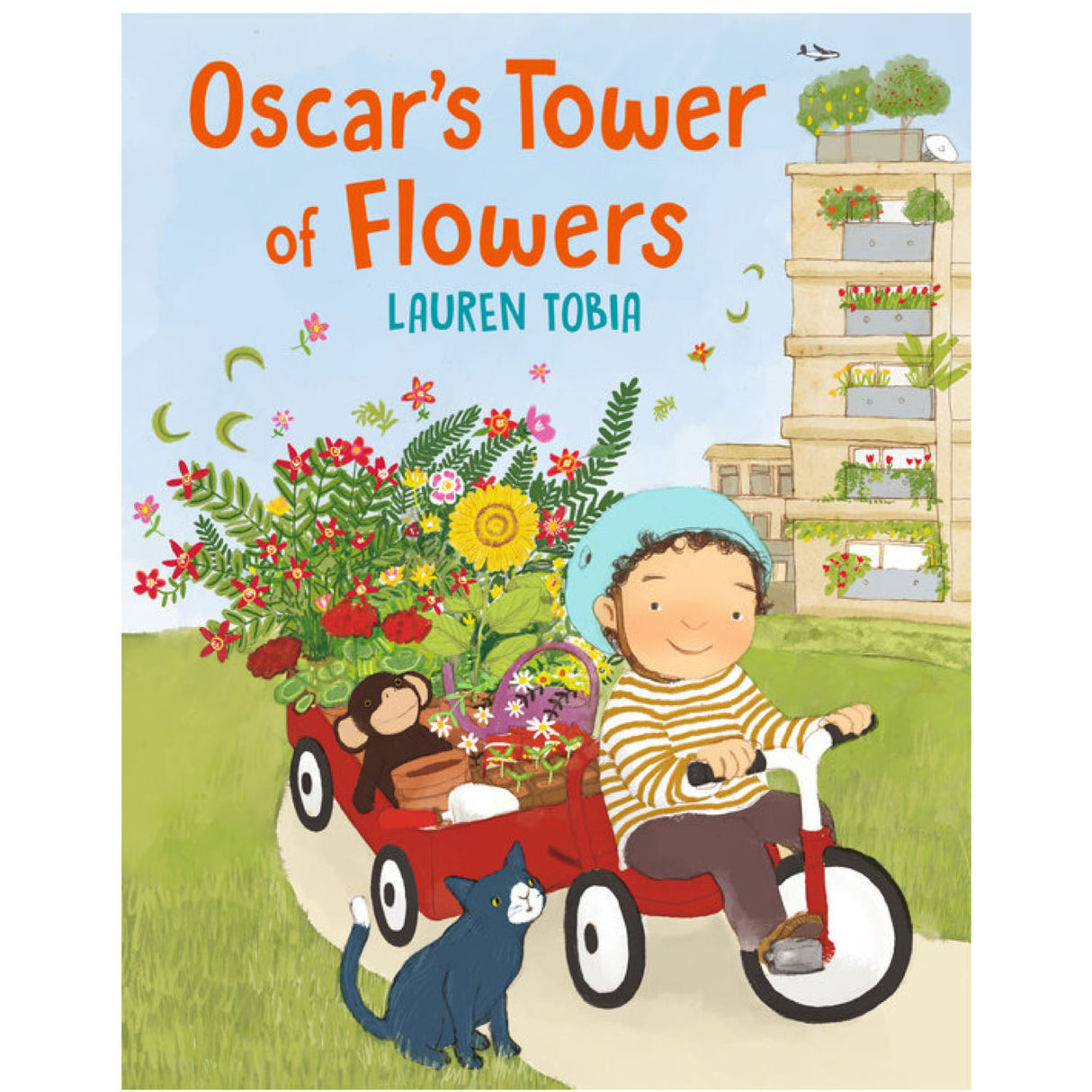 Oscar’s Tower of Flowers shows a child pulling a red wagon full of flowers with a cat nearby in a garden setting.