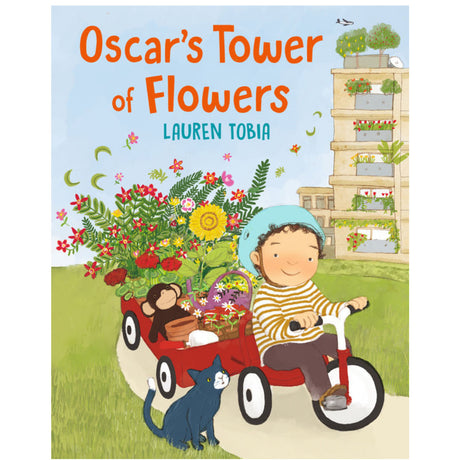 Oscar’s Tower of Flowers shows a child pulling a red wagon full of flowers with a cat nearby in a garden setting.