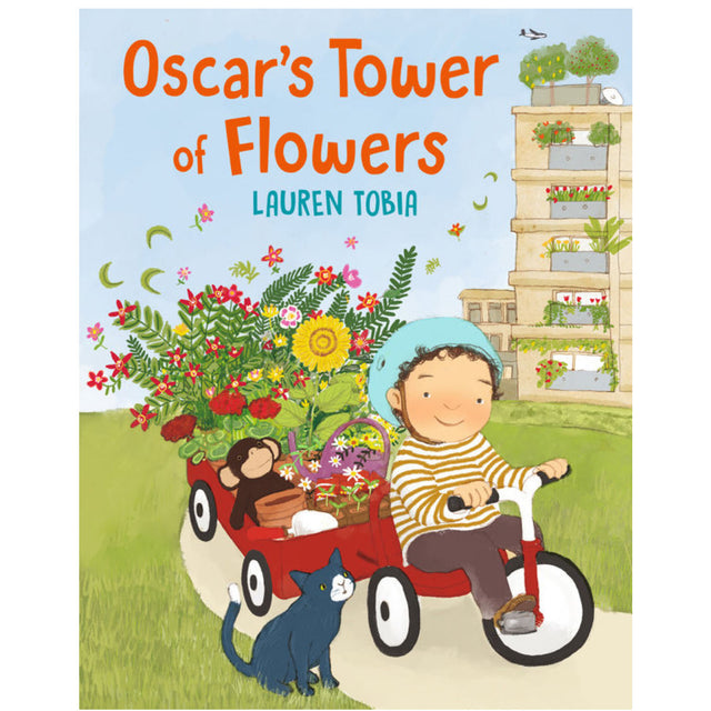 Oscar’s Tower of Flowers shows a child pulling a red wagon full of flowers with a cat nearby in a garden setting.