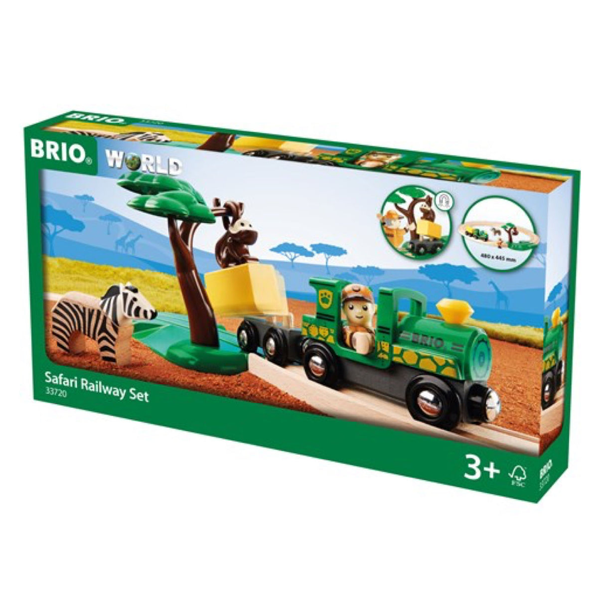 Safari Railway Set featuring a green engine, safari ranger figure, zebra, monkey, and magnetic food load toy.