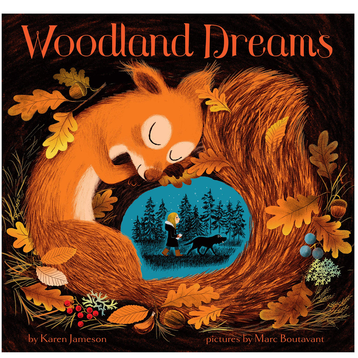 Woodland Dreams book cover shows a sleeping fox curled with autumn leaves around a child walking a dog in the woods.