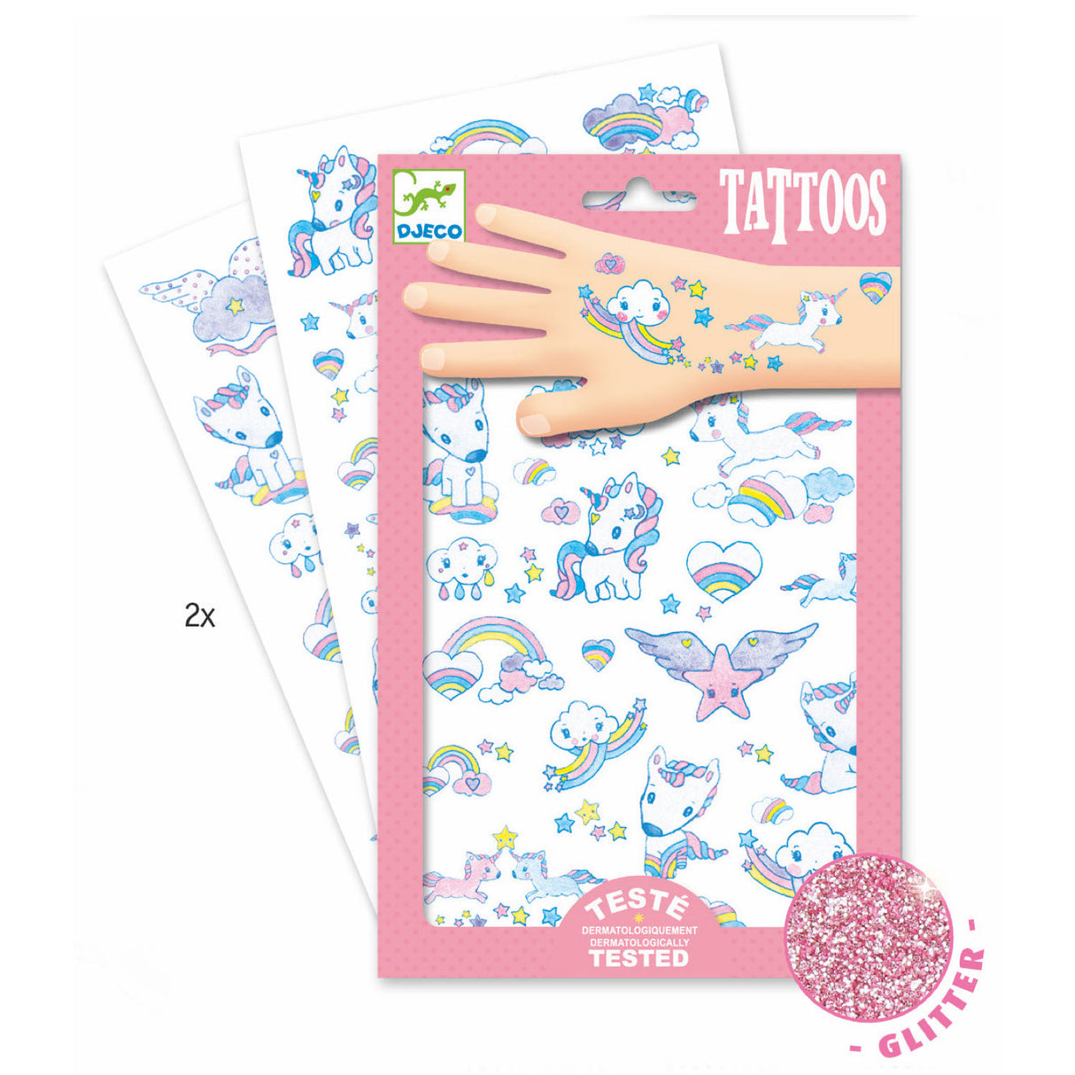 Unicorns Tattoos with glitter effects, featuring colorful unicorn and rainbow designs on easy-to-apply perforated sheets.