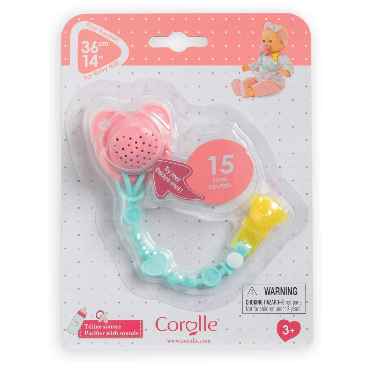 Pacifier with Sounds for baby dolls, interactive with 15 sound effects and pacifier clip included in packaging.
